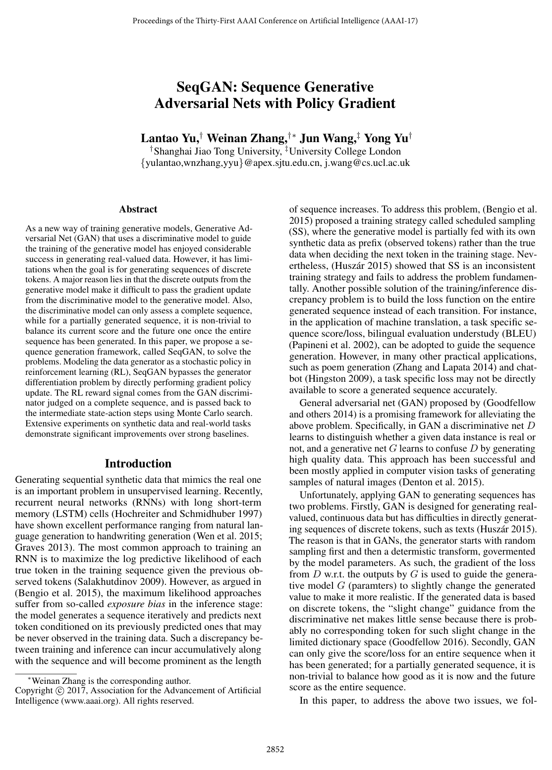 Cover for SeqGAN: Sequence Generative Adversarial Nets with Policy Gradient