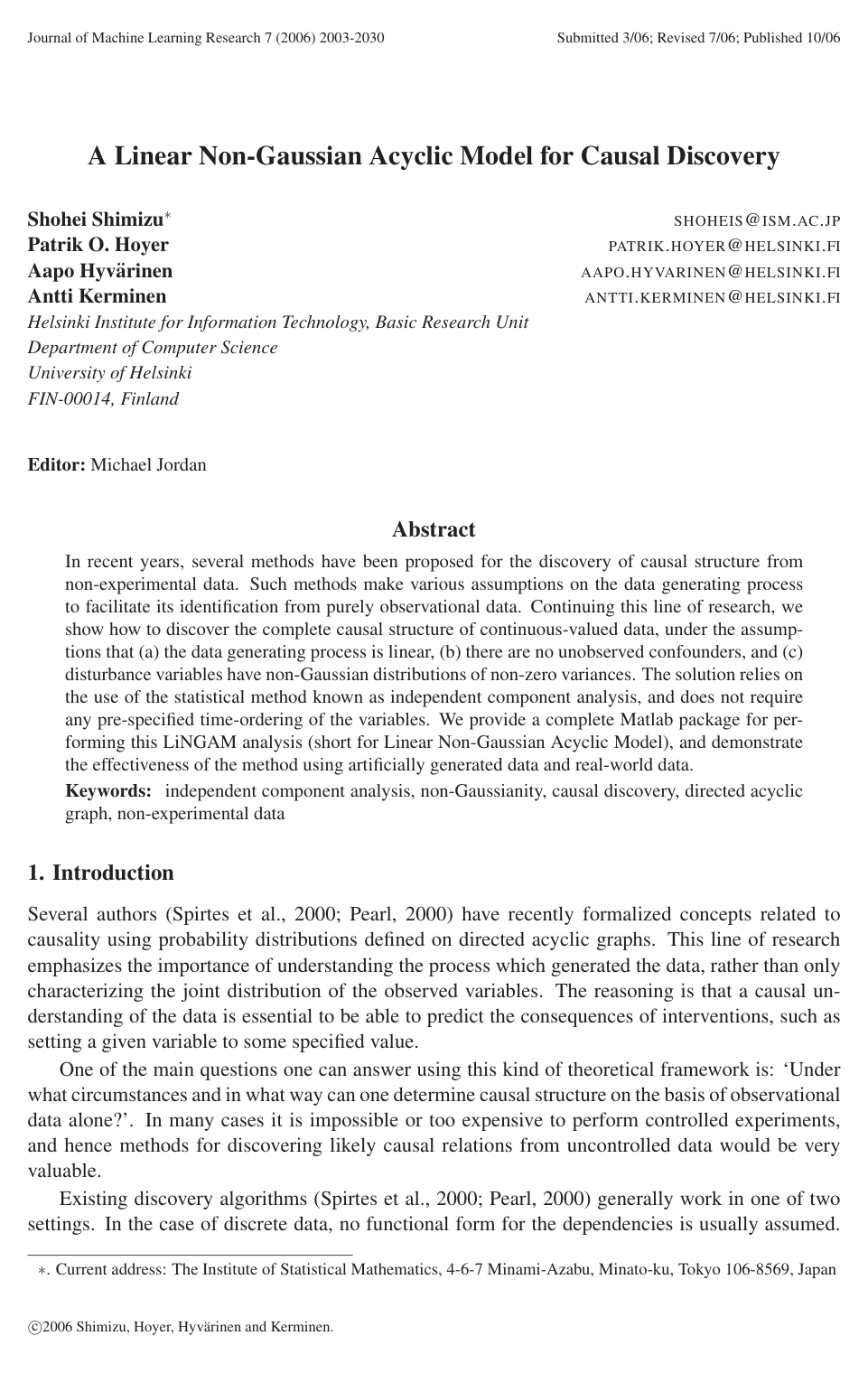 Cover for A Linear Non-Gaussian Acyclic Model for Causal Discovery