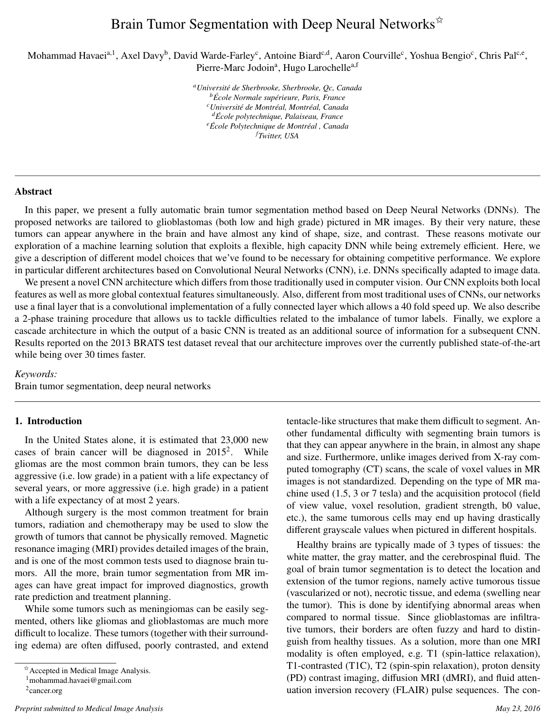 Cover for Brain tumor segmentation with Deep Neural Networks