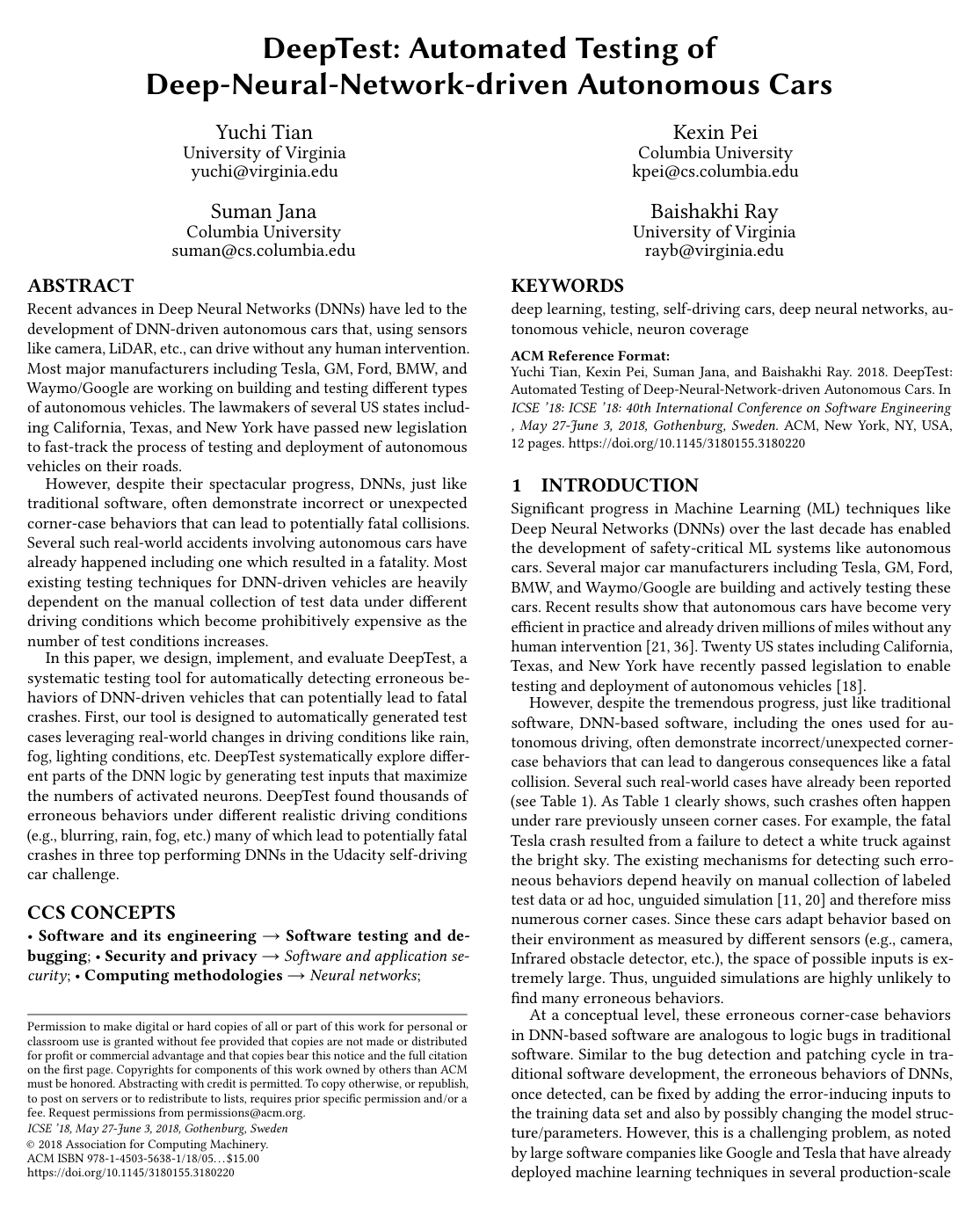 Cover for DeepTest: Automated Testing of Deep-Neural-Network-Driven Autonomous Cars