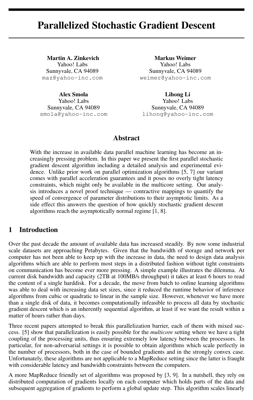 Parallelized Stochastic Gradient Descent