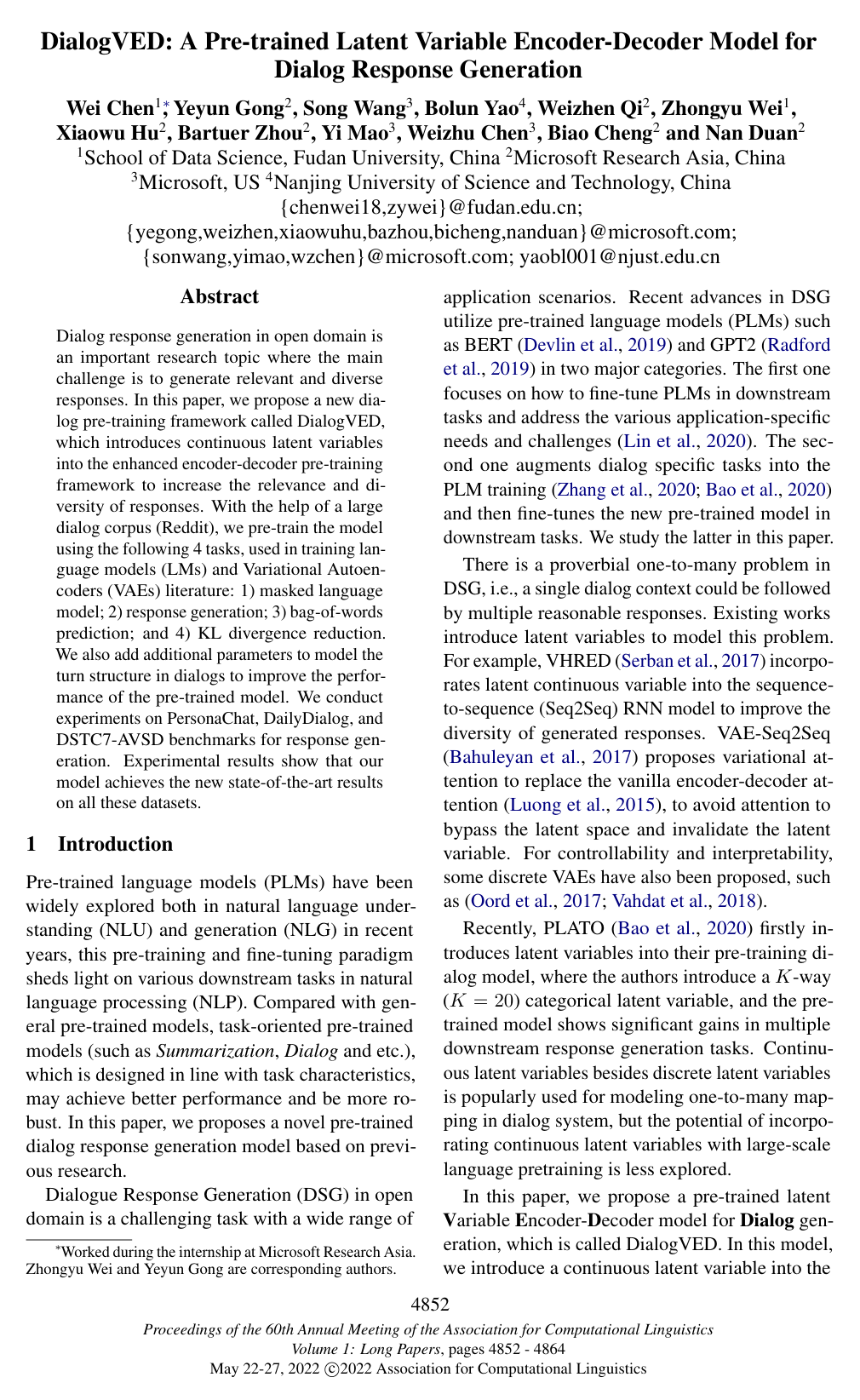 DialogVED: A Pre-trained Latent Variable Encoder-Decoder Model for Dialog Response Generation