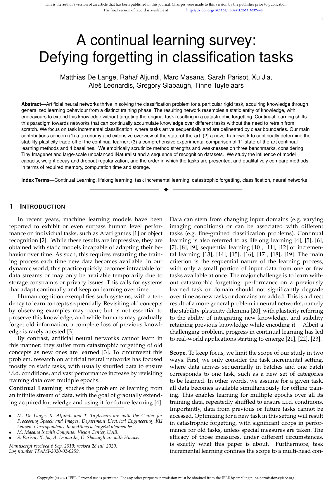 Cover for A Continual Learning Survey: Defying Forgetting in Classification Tasks
