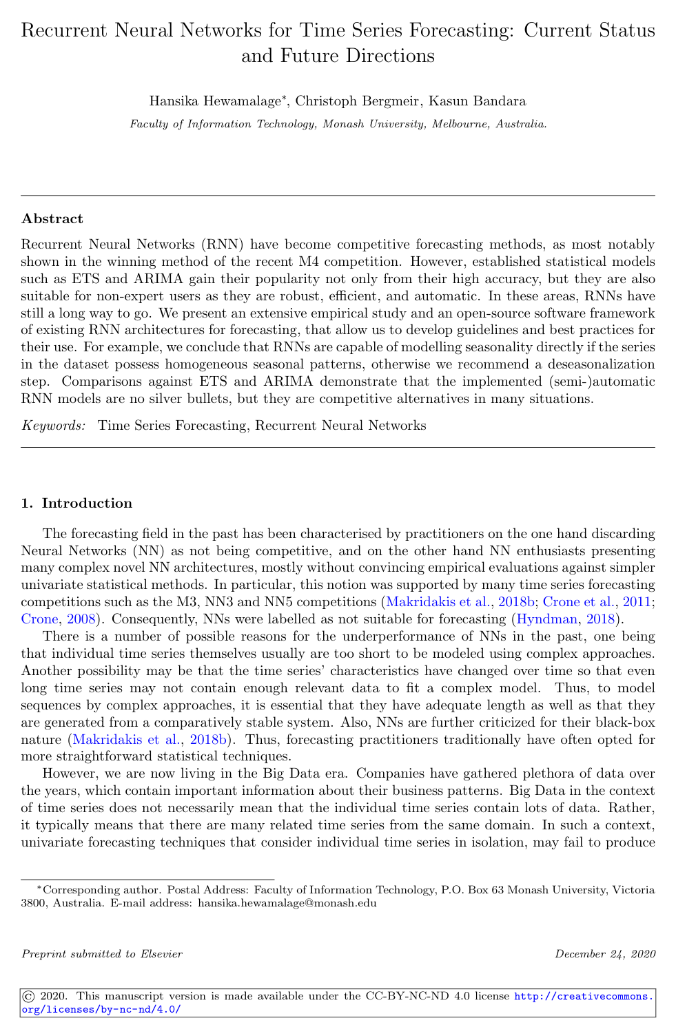 Recurrent Neural Networks for Time Series Forecasting: Current Status and Future Directions