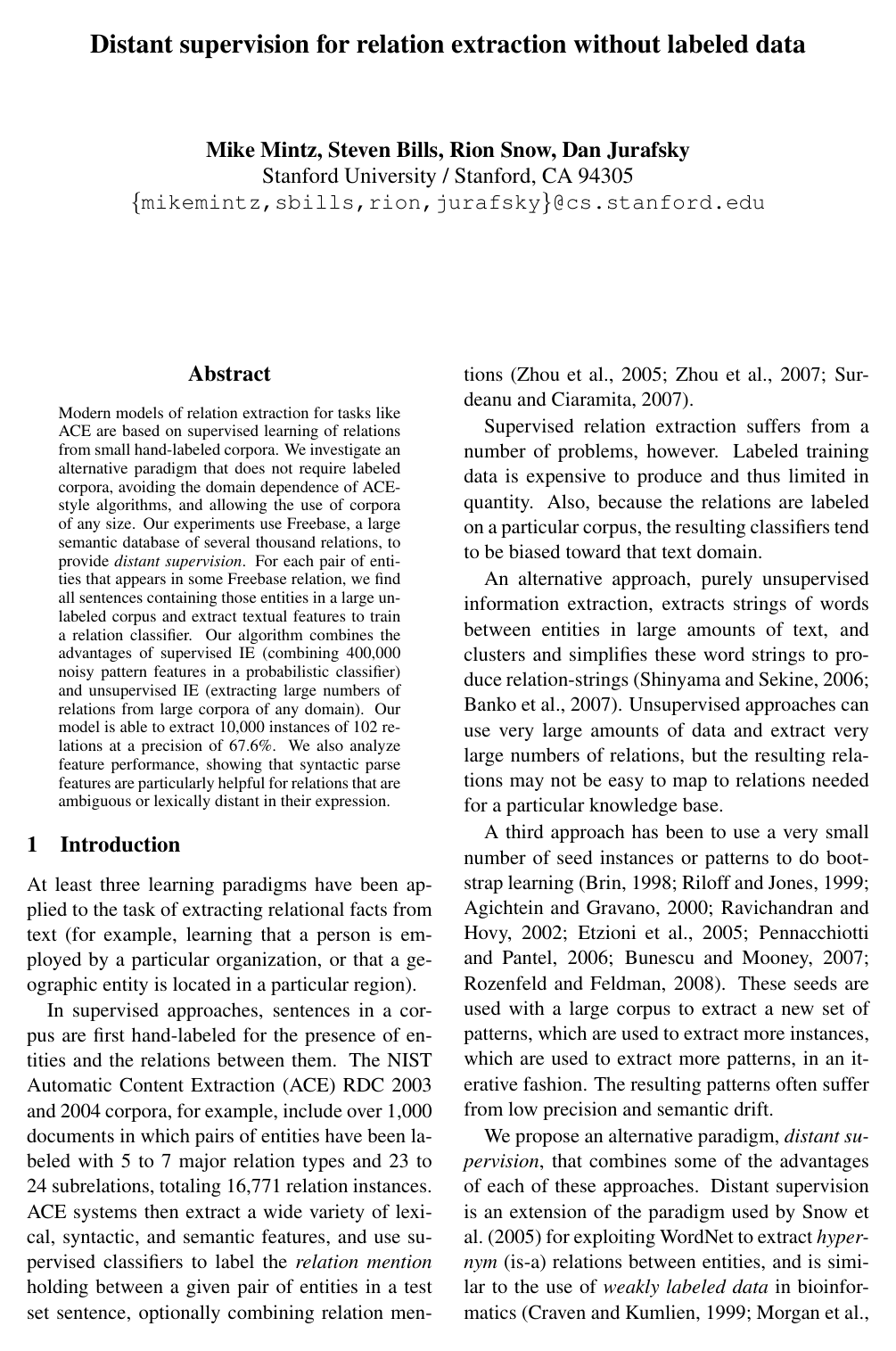 Cover for Distant supervision for relation extraction without labeled data