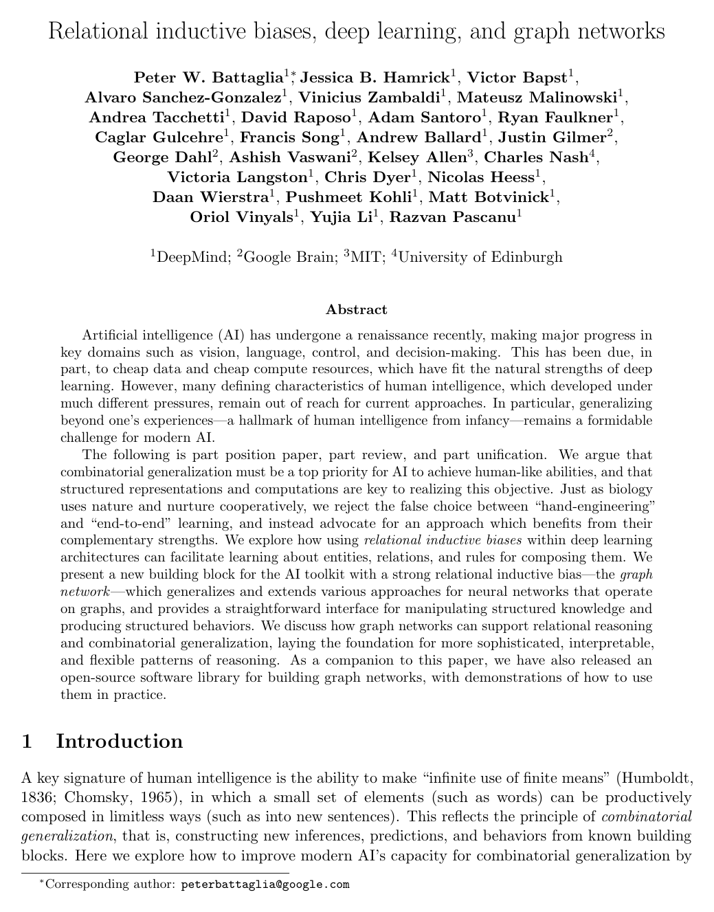 Relational inductive biases, deep learning, and graph networks