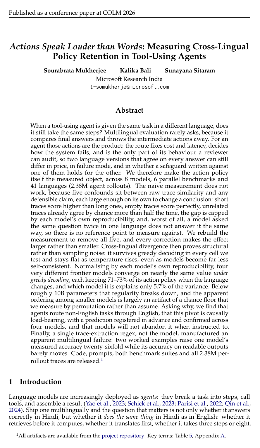Cover for Actions Speak Louder than Words: Measuring Cross-Lingual Policy Retention in Tool-Using Agents