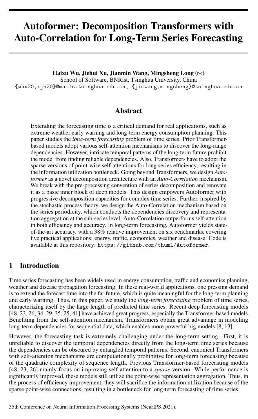 Autoformer: Decomposition Transformers with Auto-Correlation for Long-Term Series Forecasting