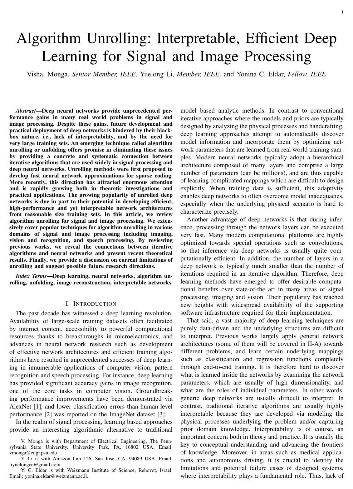 Cover for Algorithm Unrolling: Interpretable, Efficient Deep Learning for Signal and Image Processing