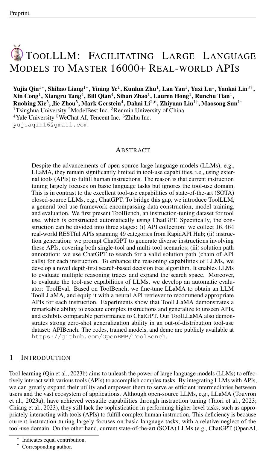Cover for ToolLLM: Facilitating Large Language Models to Master 16000+ Real-world APIs
