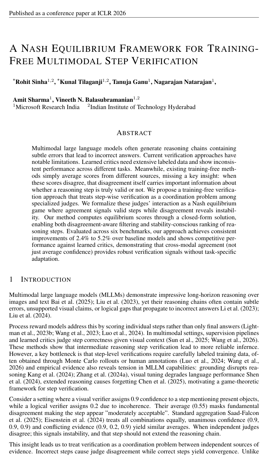A Nash Equilibrium Framework For Training-Free Multimodal Step Verification
