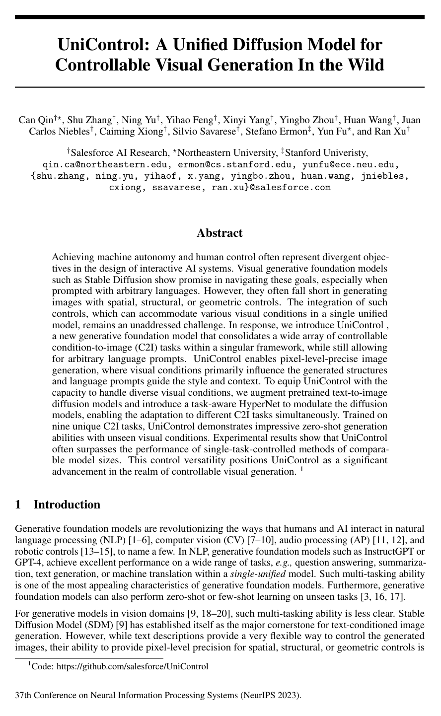 UniControl: A Unified Diffusion Model for Controllable Visual Generation In the Wild