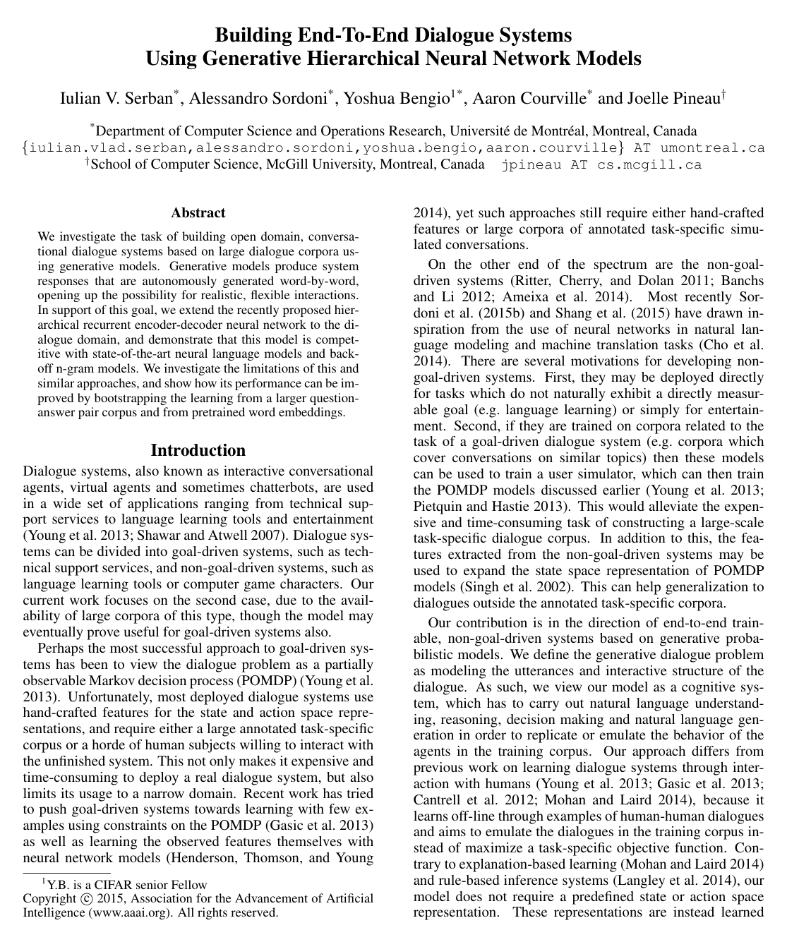 Building End-To-End Dialogue Systems Using Generative Hierarchical Neural Network Models