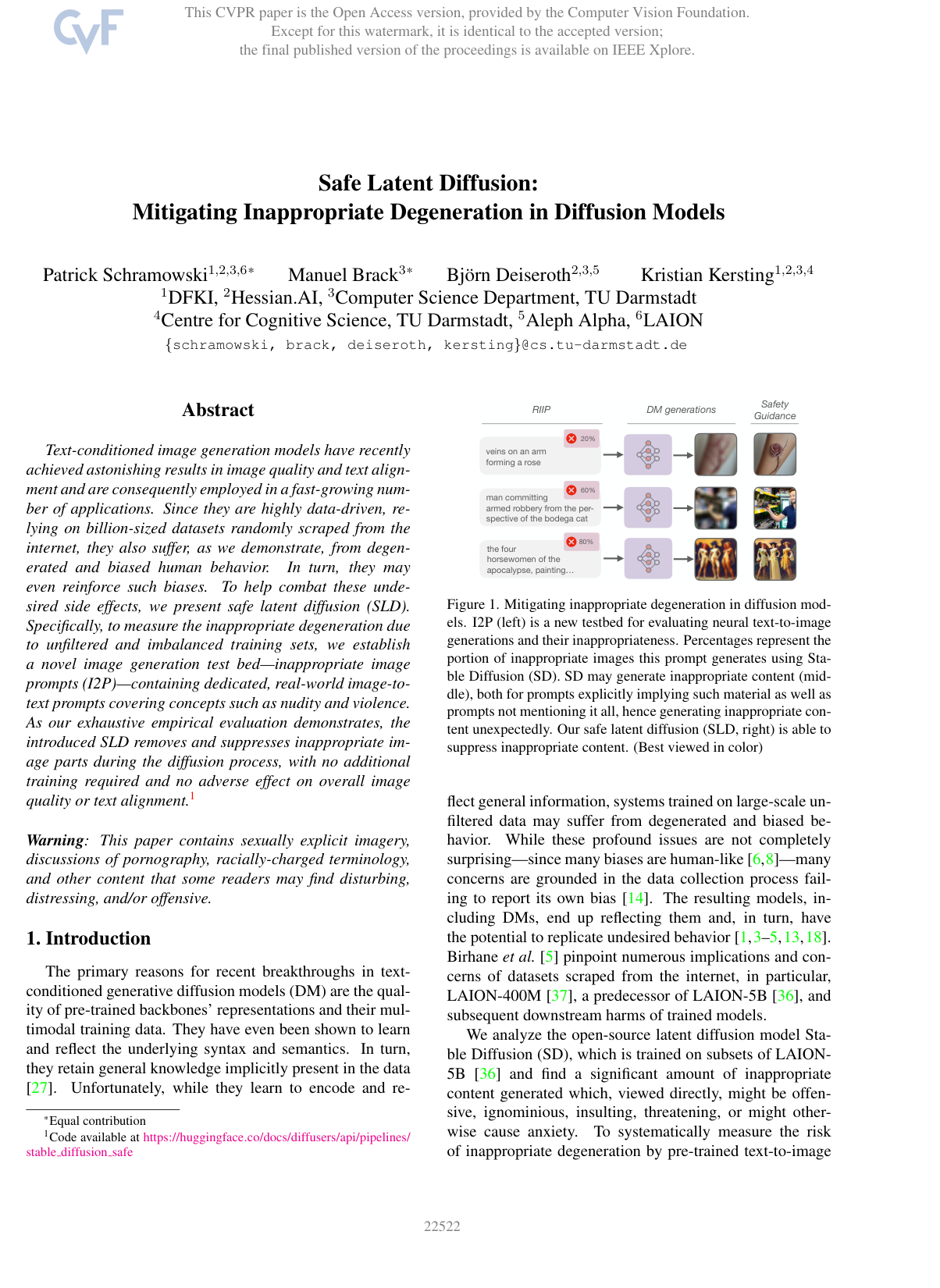 Safe Latent Diffusion: Mitigating Inappropriate Degeneration in Diffusion Models