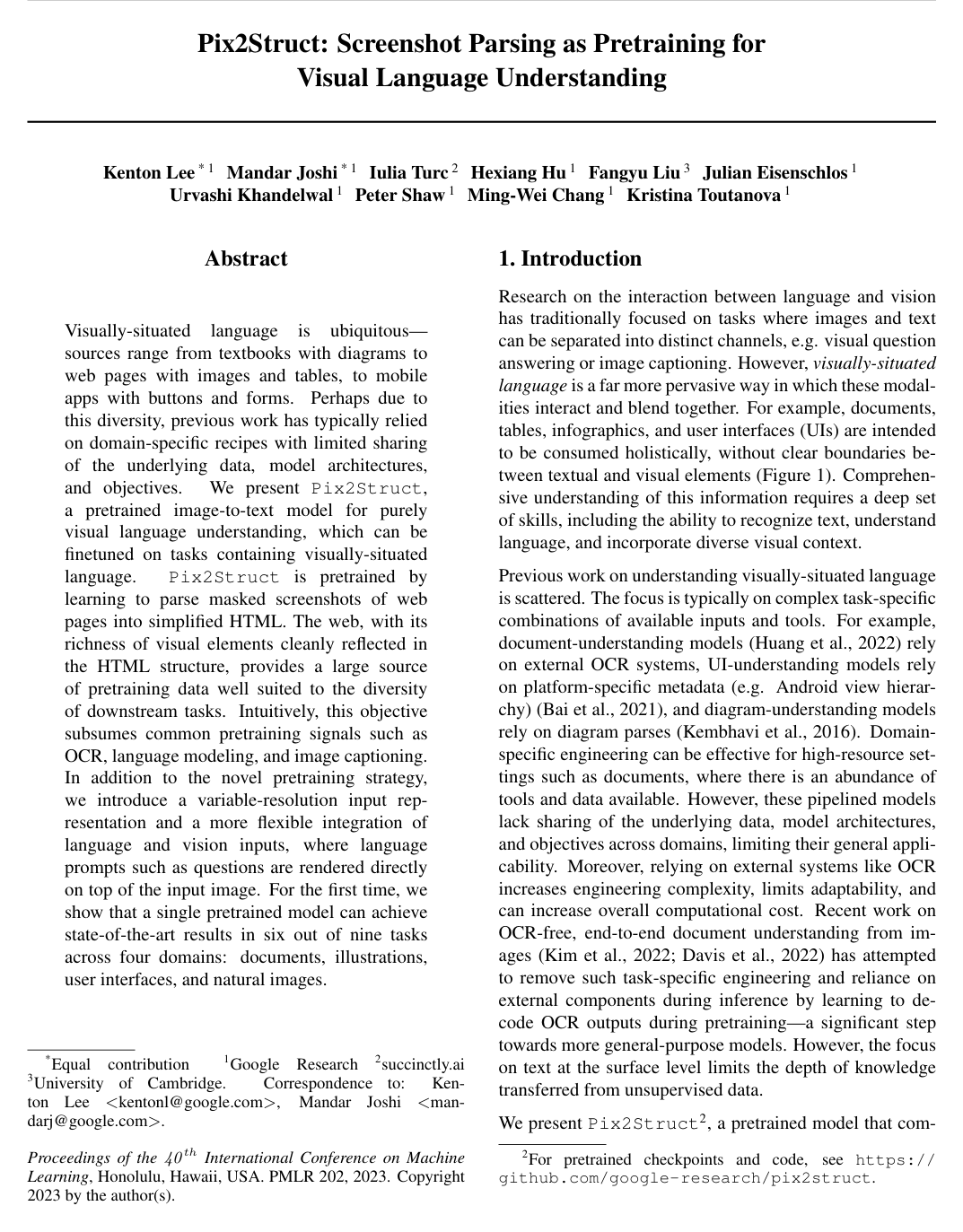 Cover for Pix2Struct: Screenshot Parsing as Pretraining for Visual Language Understanding