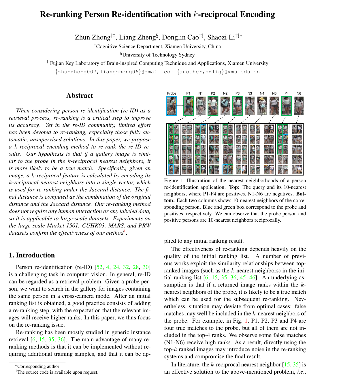 Re-ranking Person Re-identification with k-Reciprocal Encoding