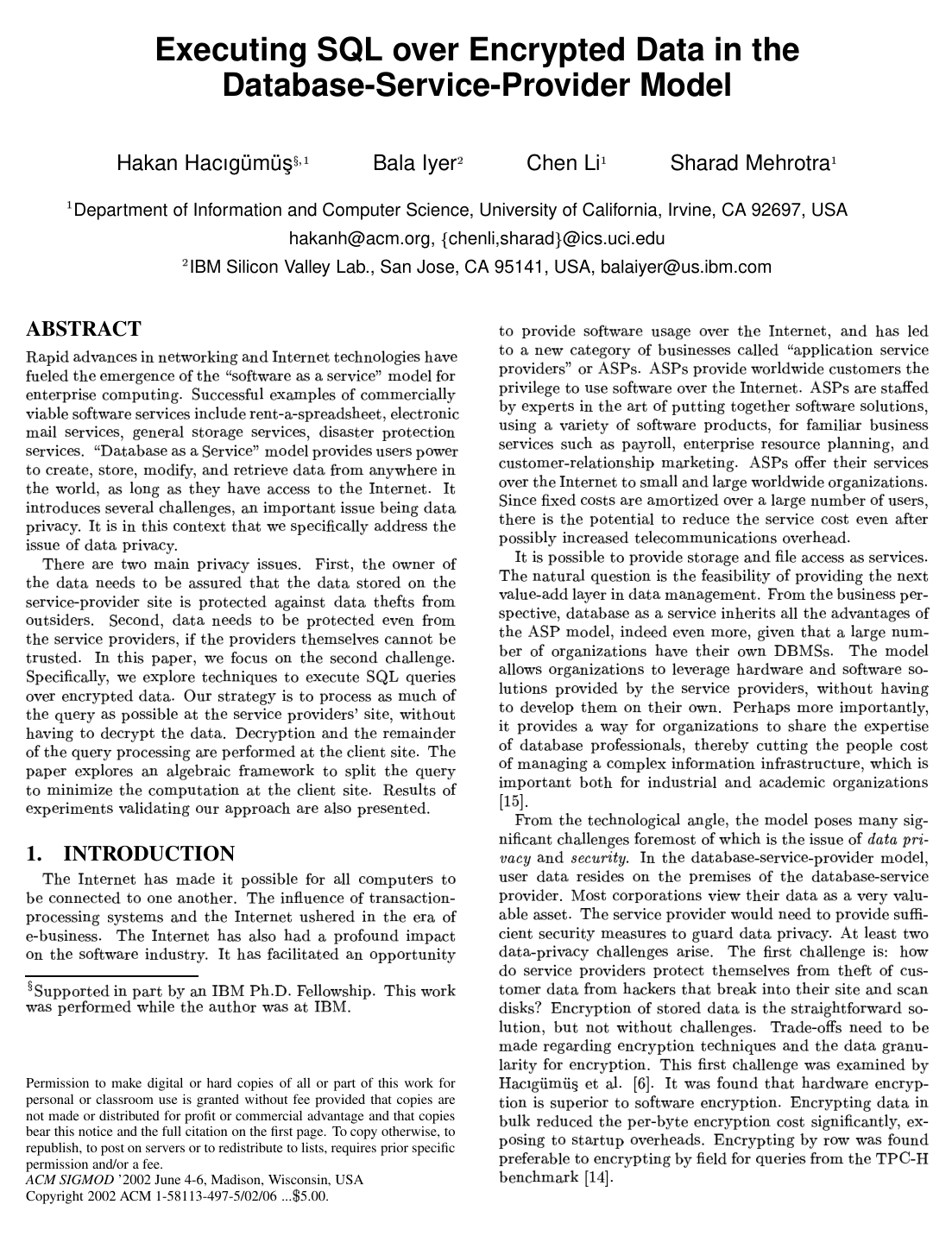 Cover for Executing SQL over encrypted data in the database-service-provider model