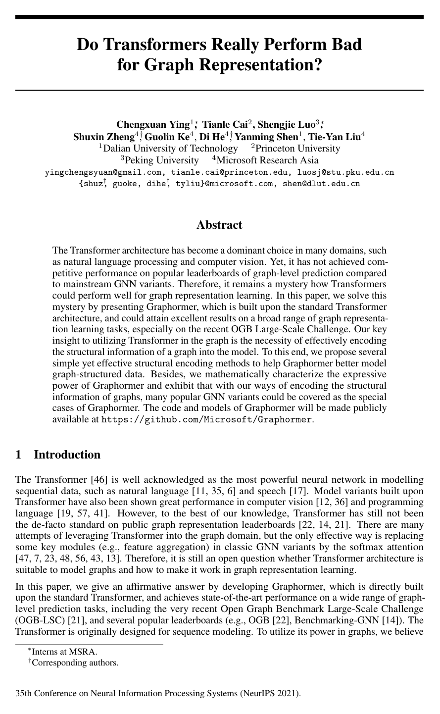Cover for Do Transformers Really Perform Badly for Graph Representation?