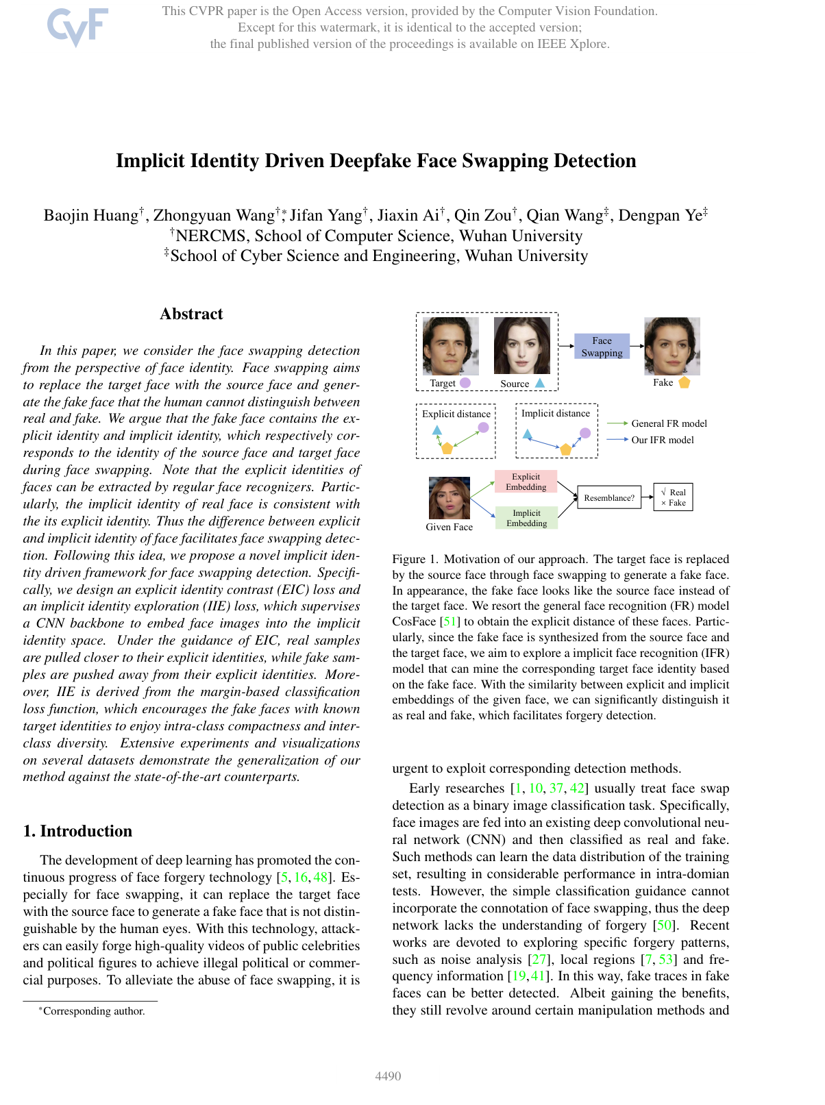 Implicit Identity Driven Deepfake Face Swapping Detection