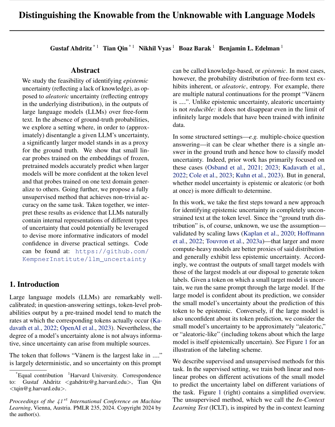 Distinguishing the Knowable from the Unknowable with Language Models