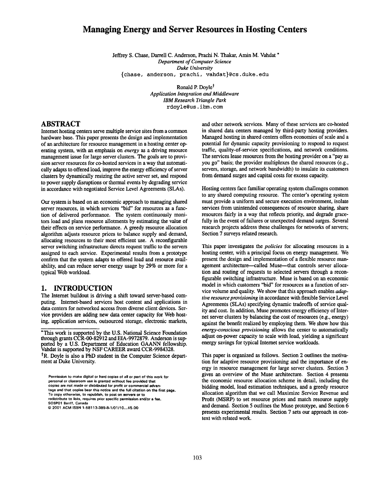 Cover for Managing energy and server resources in hosting centers
