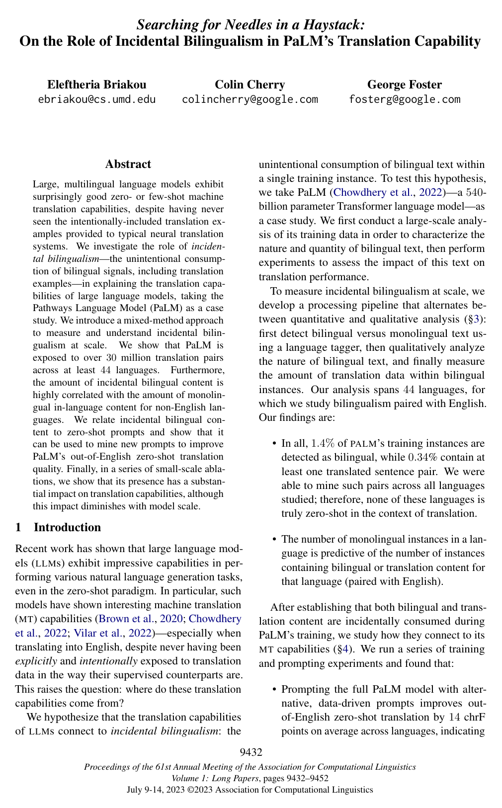 Searching for Needles in a Haystack: On the Role of Incidental Bilingualism in PaLM's Translation Capability