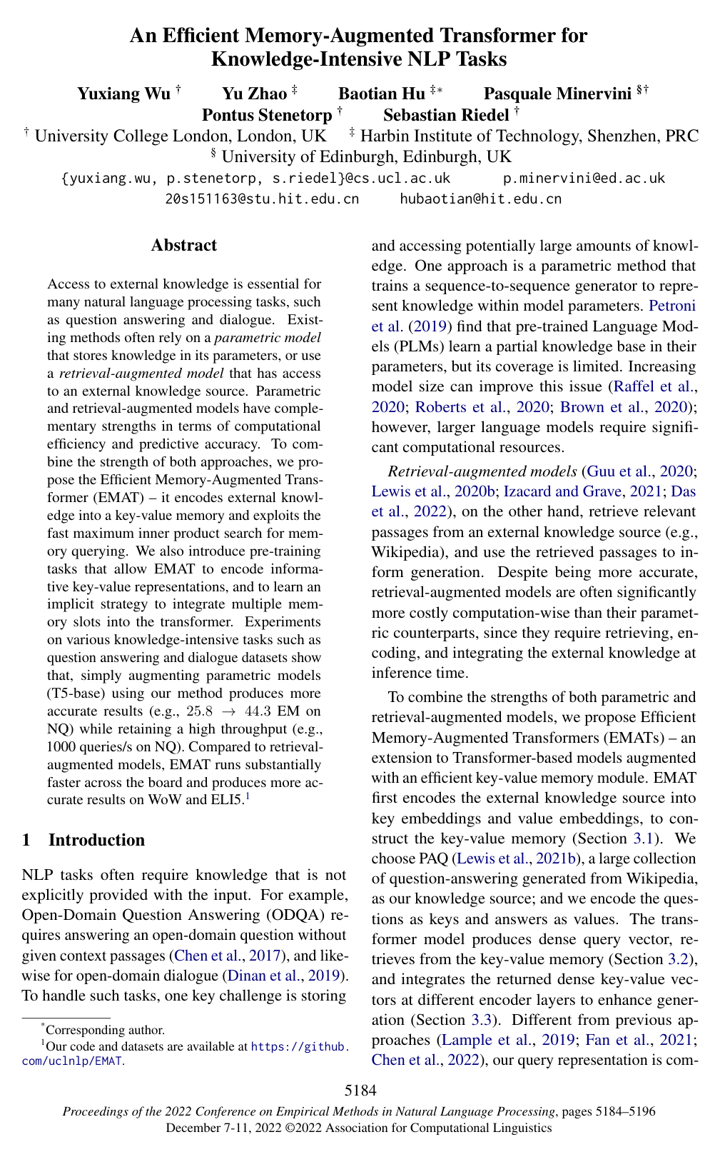 An Efficient Memory-Augmented Transformer for Knowledge-Intensive NLP Tasks