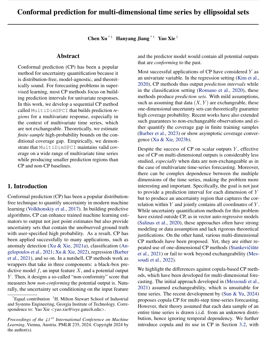 Conformal prediction for multi-dimensional time series by ellipsoidal sets