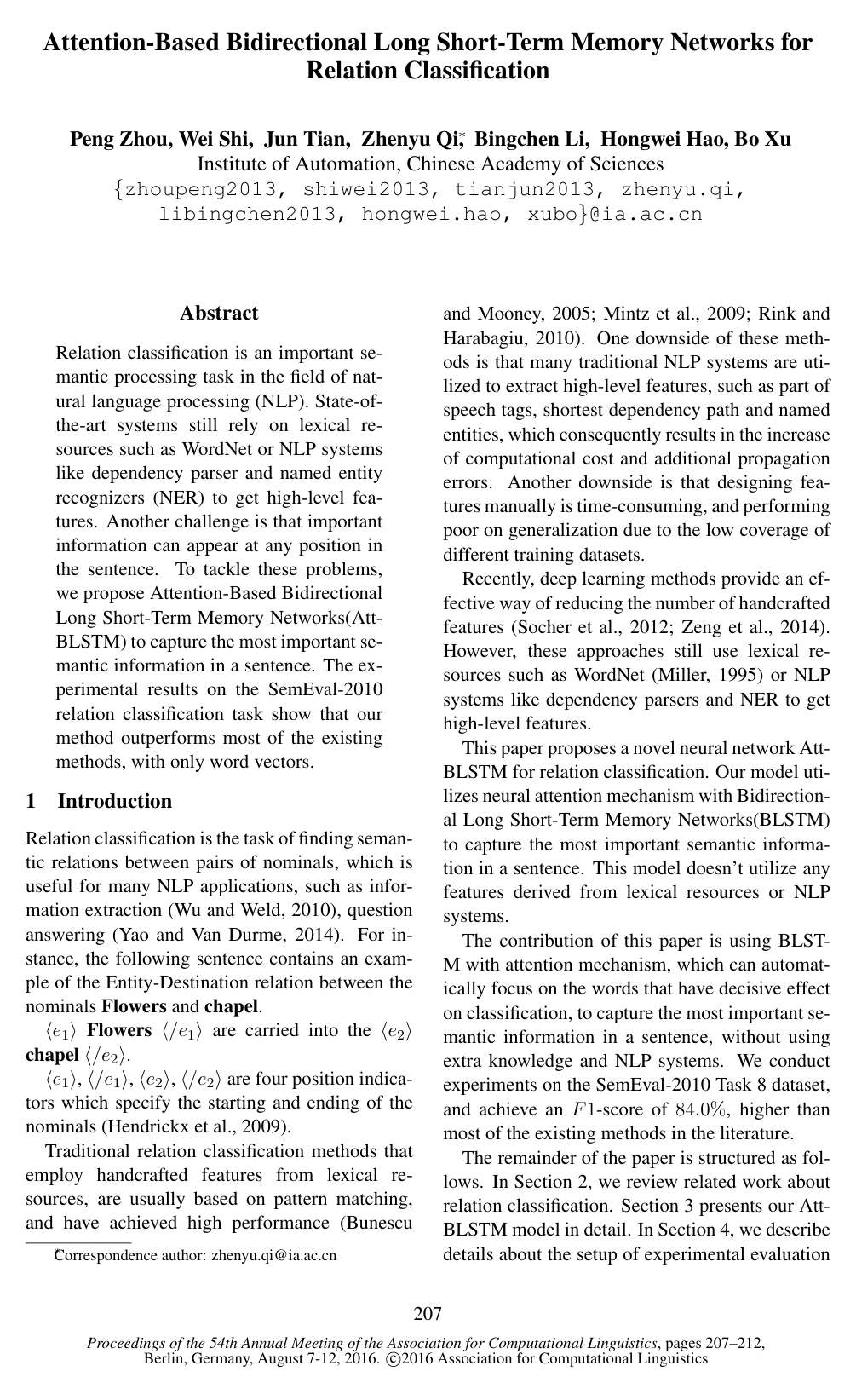 Cover for Attention-Based Bidirectional Long Short-Term Memory Networks for Relation Classification