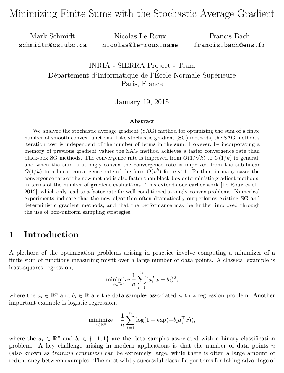 Minimizing finite sums with the stochastic average gradient