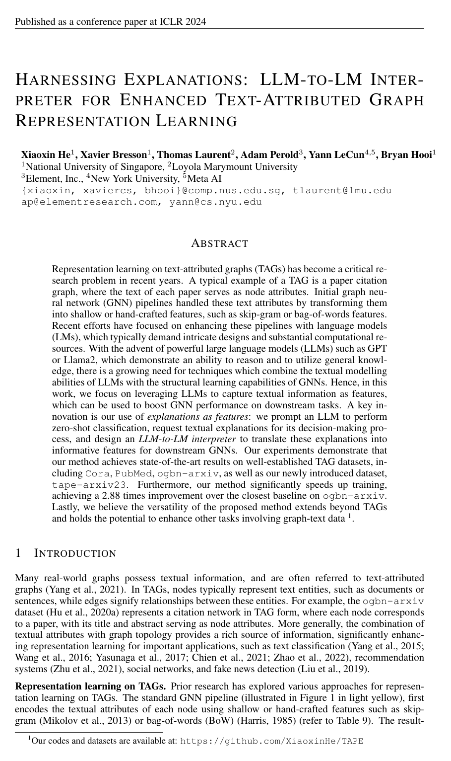 Cover for Harnessing Explanations: LLM-to-LM Interpreter for Enhanced Text-Attributed Graph Representation Learning