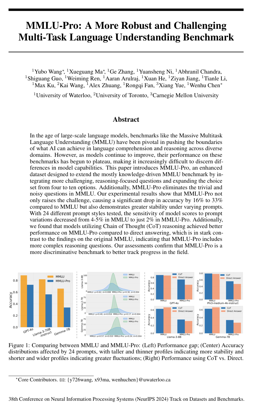 Cover for MMLU-Pro: A More Robust and Challenging Multi-Task Language Understanding Benchmark