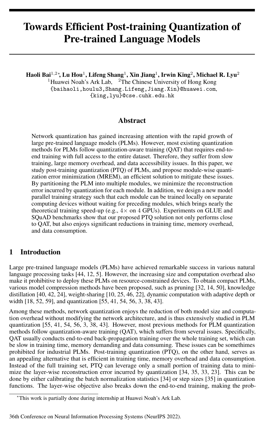 Towards Efficient Post-training Quantization of Pre-trained Language Models