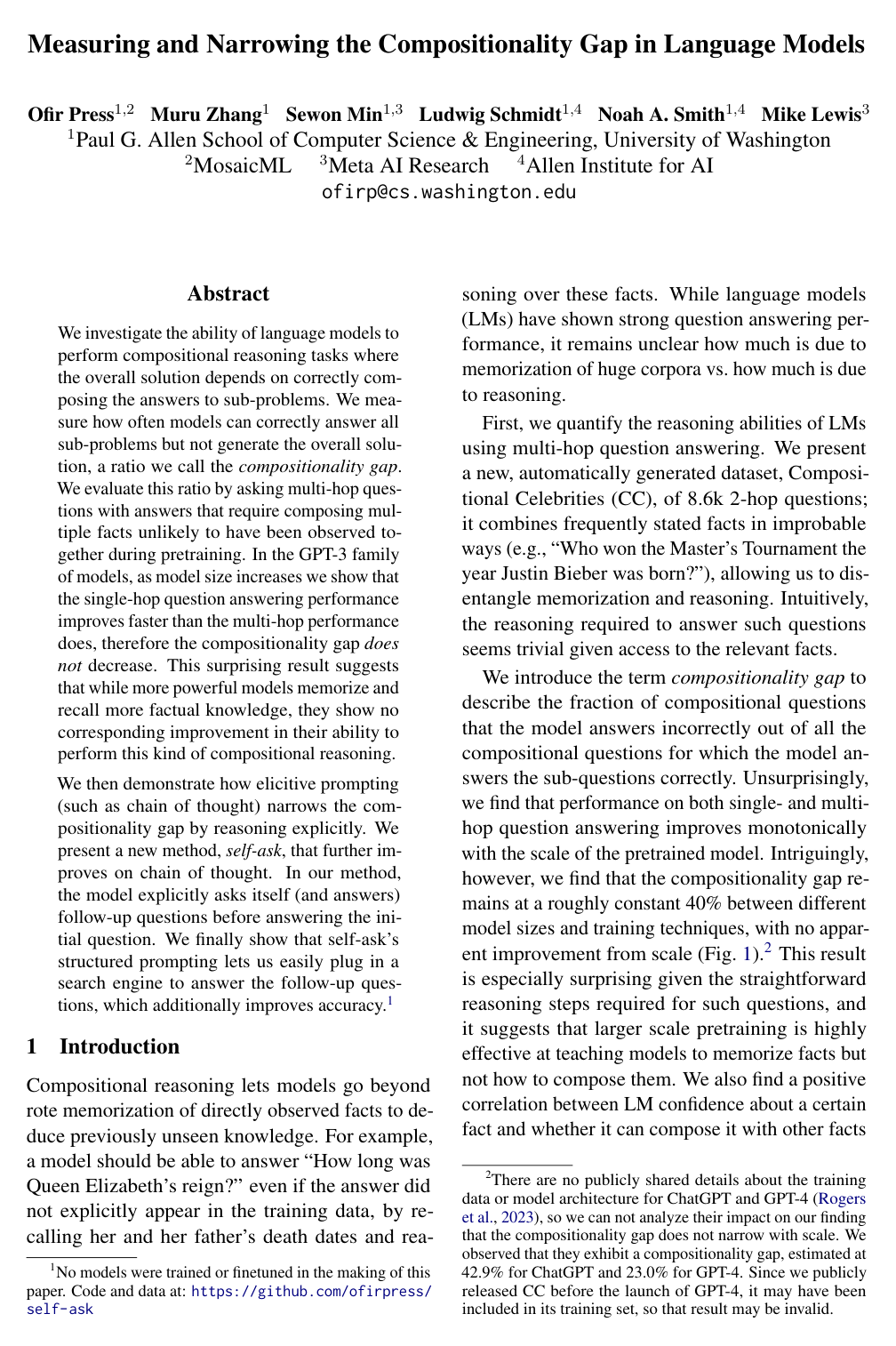 Measuring and Narrowing the Compositionality Gap in Language Models