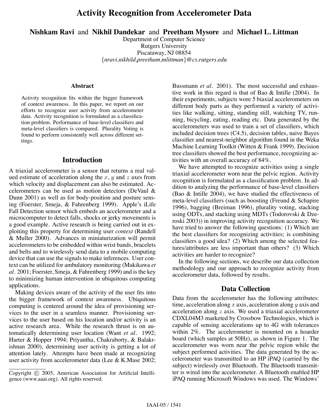 Cover for Activity Recognition from Accelerometer Data