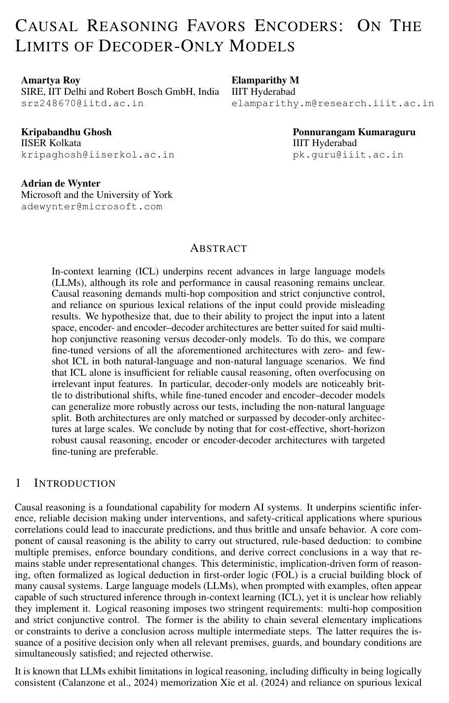 Causal Reasoning Favors Encoders: On The Limits of Decoder-Only Models