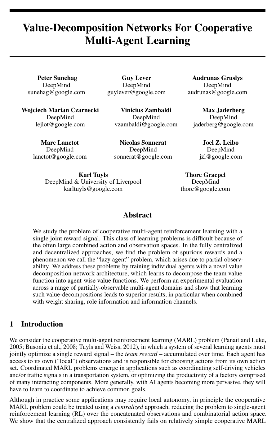 Cover for Value-Decomposition Networks For Cooperative Multi-Agent Learning