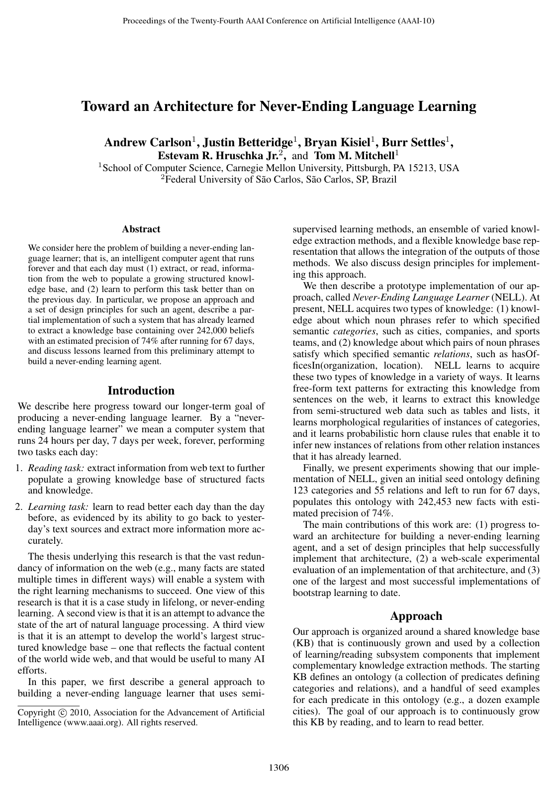 Cover for Toward an Architecture for Never-Ending Language Learning