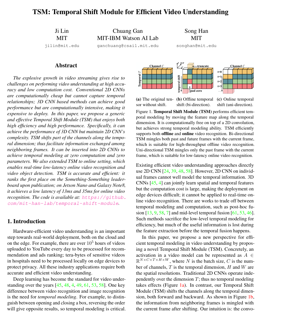 TSM: Temporal Shift Module for Efficient Video Understanding