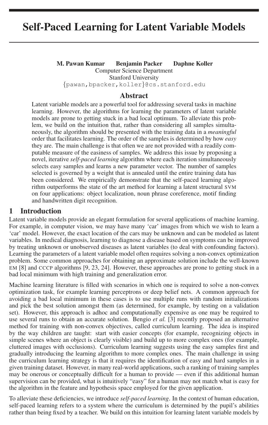 Self-Paced Learning for Latent Variable Models
