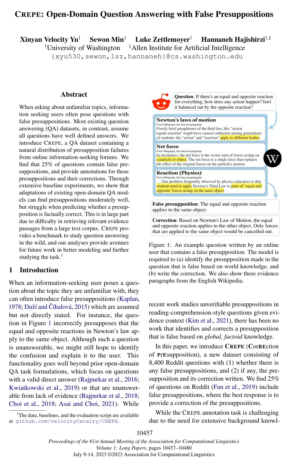 CREPE: Open-Domain Question Answering with False Presuppositions
