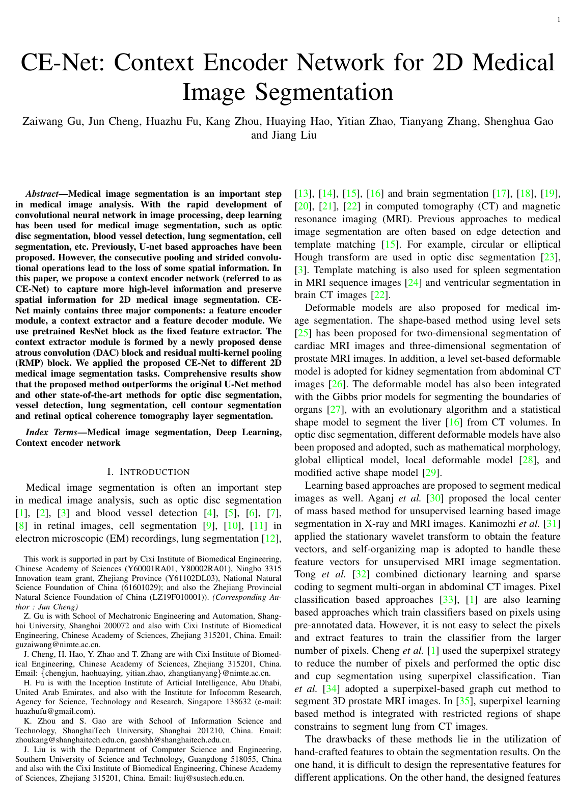CE-Net: Context Encoder Network for 2D Medical Image Segmentation