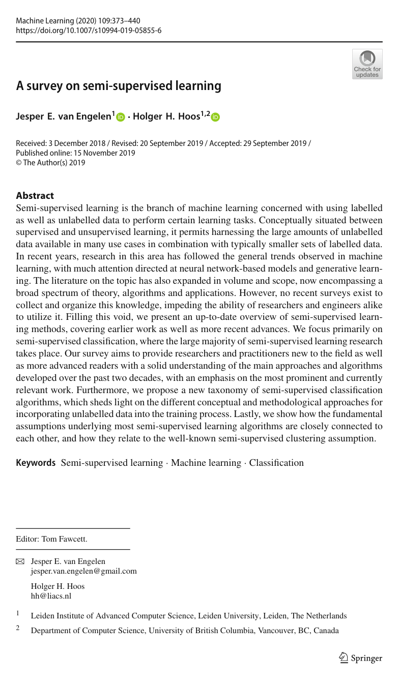 Cover for A survey on semi-supervised learning