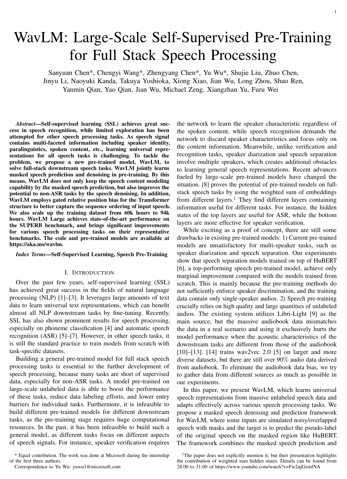 WavLM: Large-Scale Self-Supervised Pre-Training for Full Stack Speech Processing