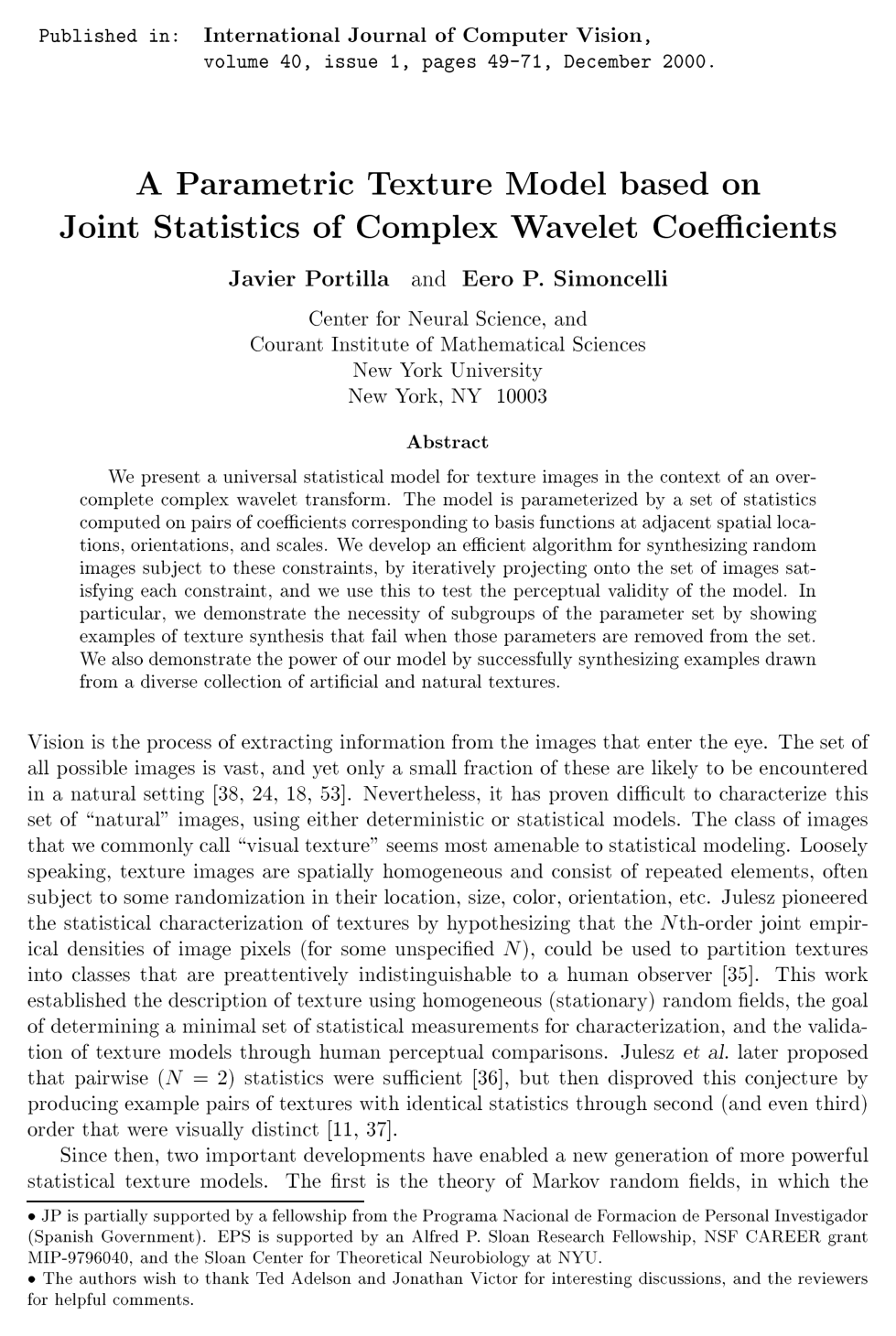 Cover for A Parametric Texture Model Based on Joint Statistics of Complex Wavelet Coefficients