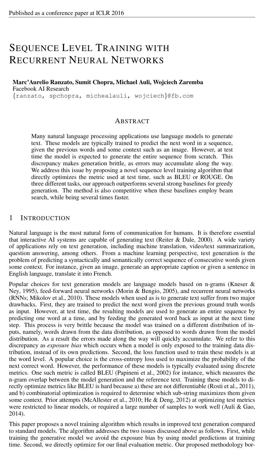 Cover for Sequence Level Training with Recurrent Neural Networks