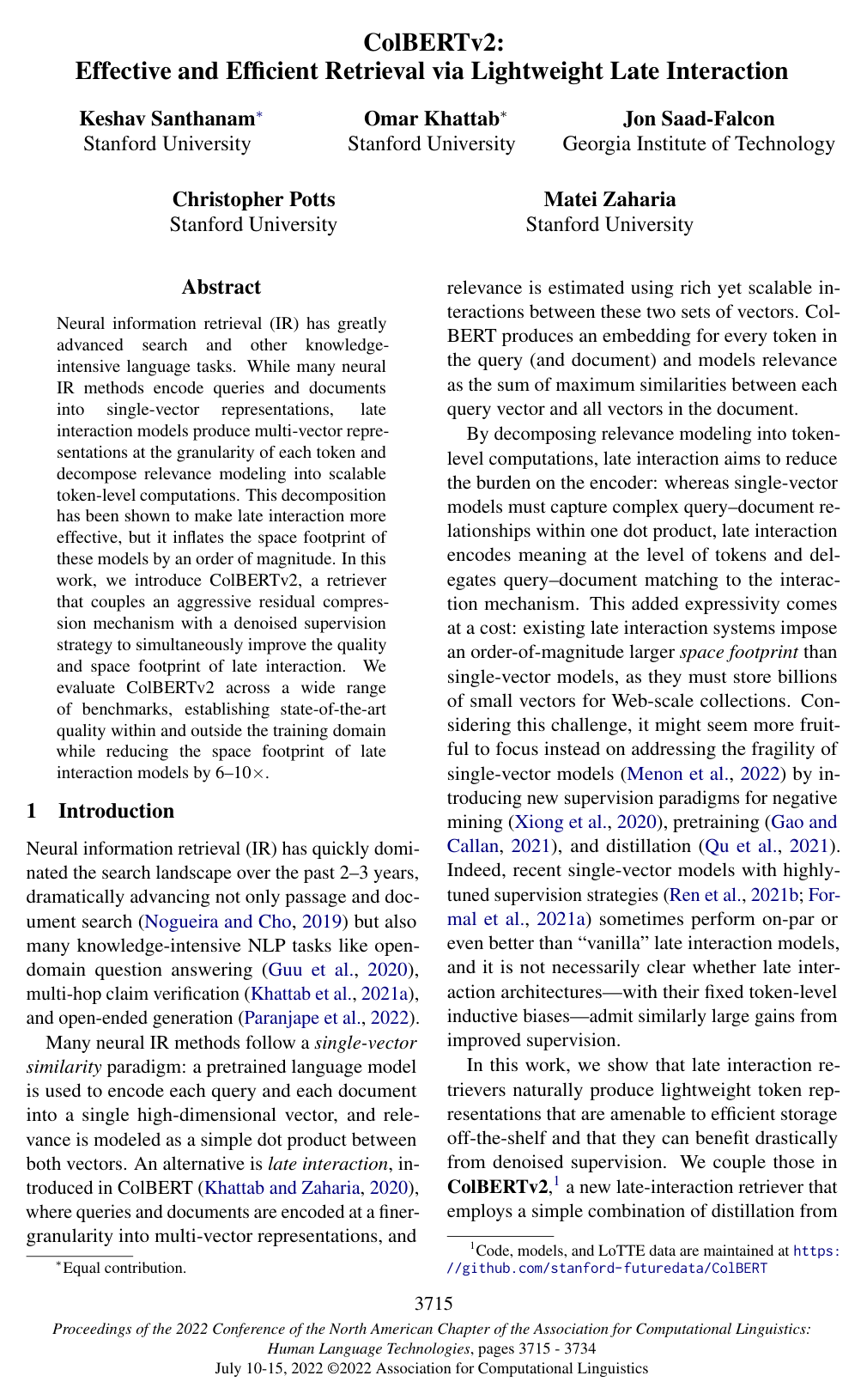 Cover for ColBERTv2: Effective and Efficient Retrieval via Lightweight Late Interaction