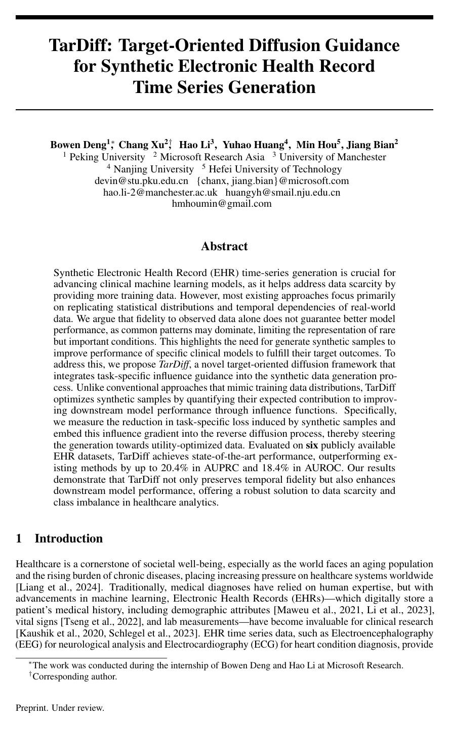 Cover for TarDiff: Target-Oriented Diffusion Guidance for Synthetic Electronic Health Record Time Series Generation