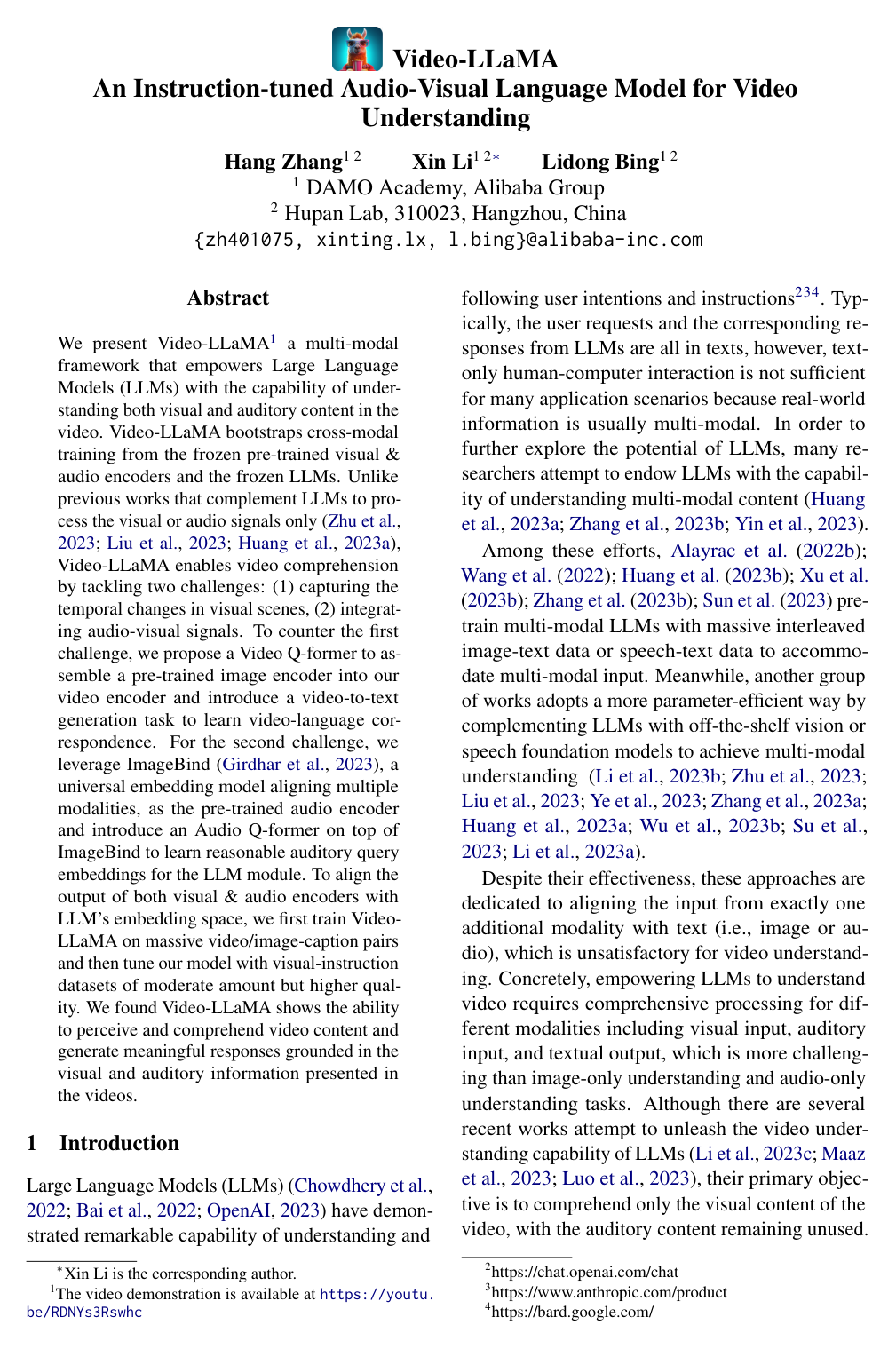 Cover for Video-LLaMA: An Instruction-tuned Audio-Visual Language Model for Video Understanding