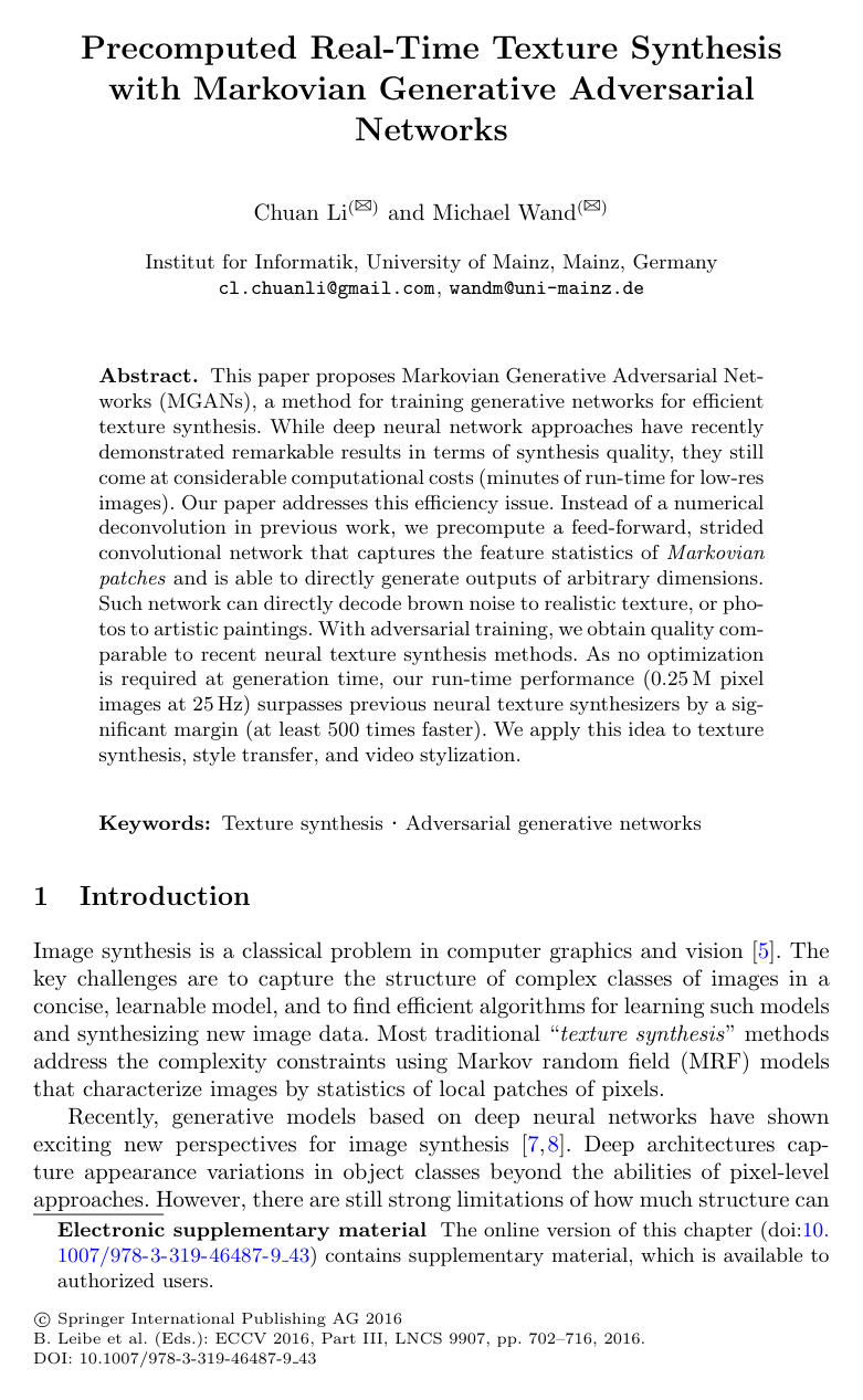 Precomputed Real-Time Texture Synthesis with Markovian Generative Adversarial Networks